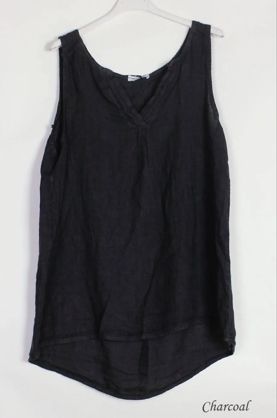 100% Linen Tank with Notched V-Neck Detail 38009