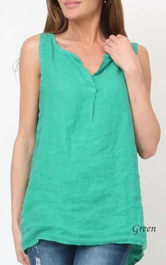 100% Linen Tank with Notched V-Neck Detail 38009