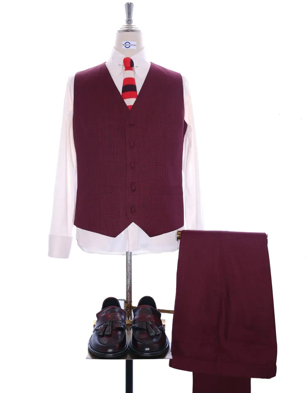 3 Piece Suit | Burgundy Prince Of Wales Suit For Men