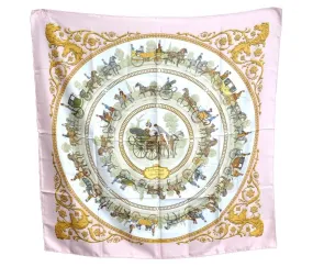 Auth HERMES Carre 90 Scarf "LA PROMENADE DE LONGCHAMPS" Silk Light Pink K5123