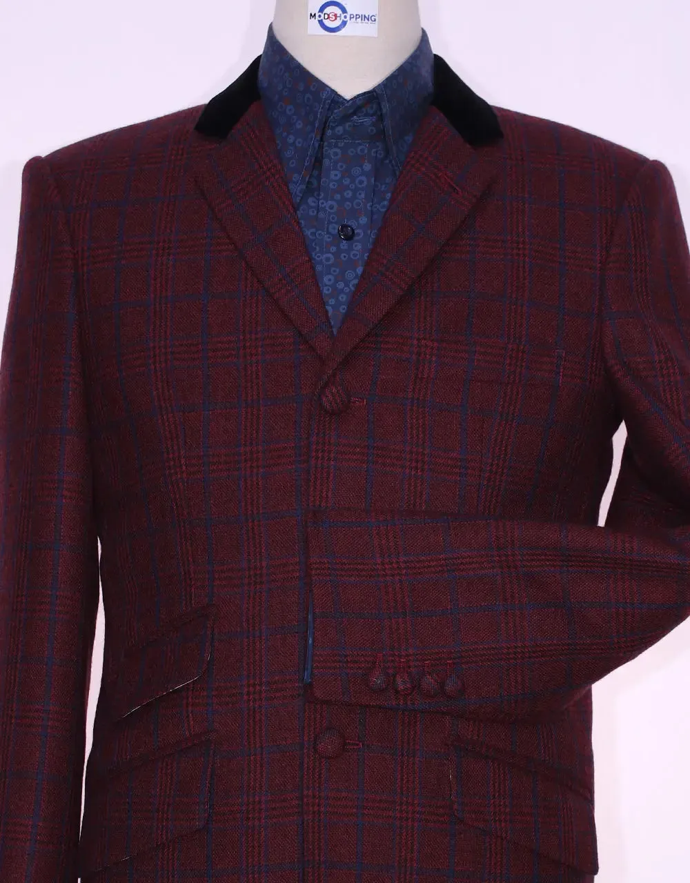 Burgundy Prince Of Wales Check Tweed Jacket Size 38R