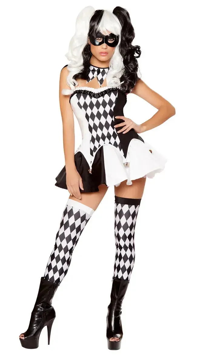 Circus Clown Black White Lattice Carnival Fancy Dress Masquerade Costume