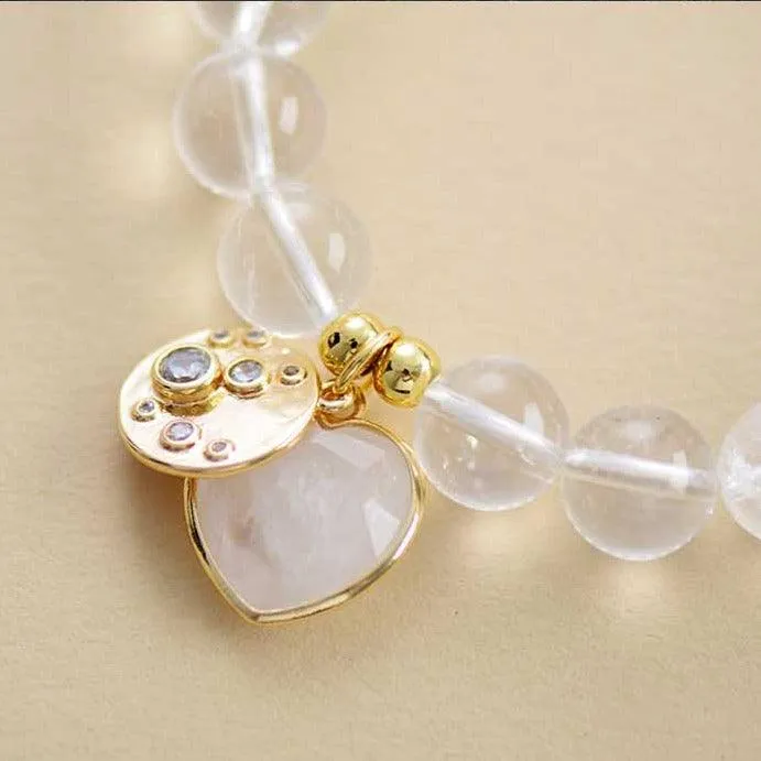 Clear Quartz Heart Charm & Beads Stretchy Bracelet