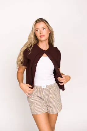 Effie Short Sleeve Button Cardigan in Brown - Nursing Friendly