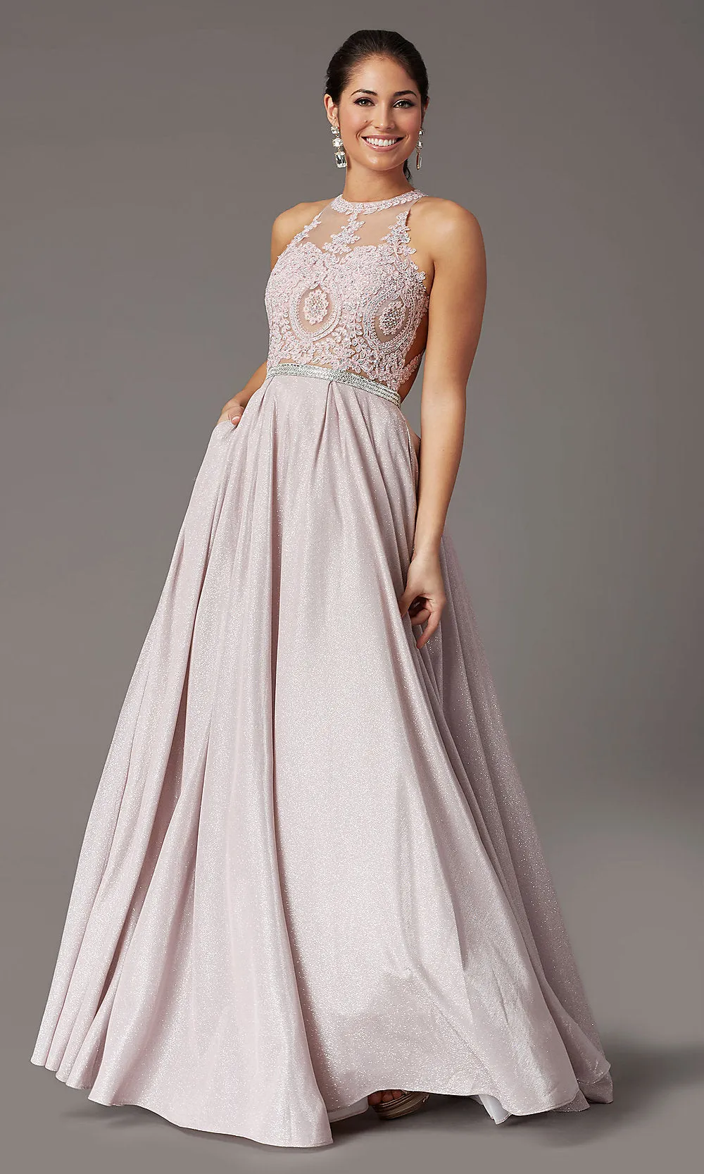 Embellished-Bodice Long Glitter-Knit Prom Dress