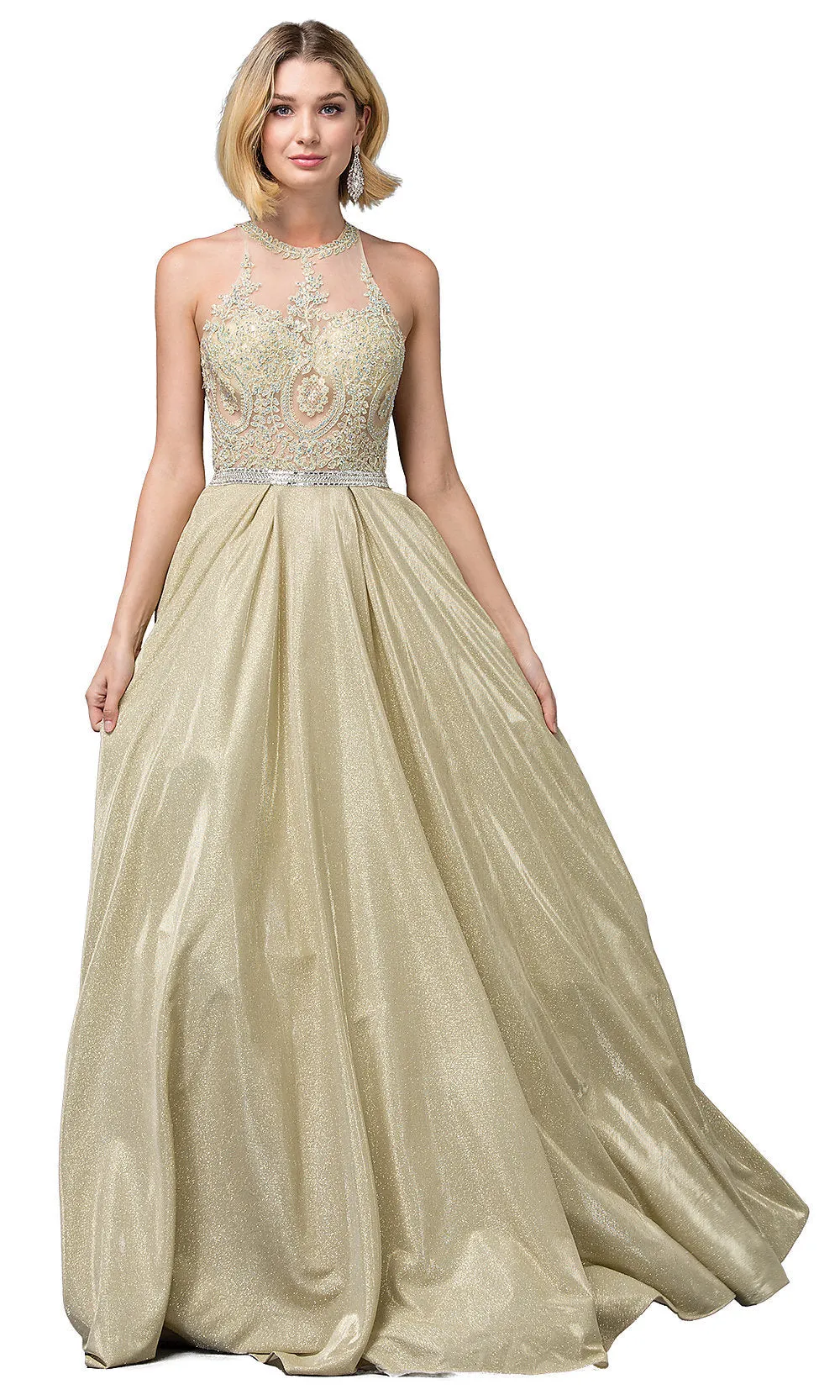 Embellished-Bodice Long Glitter-Knit Prom Dress