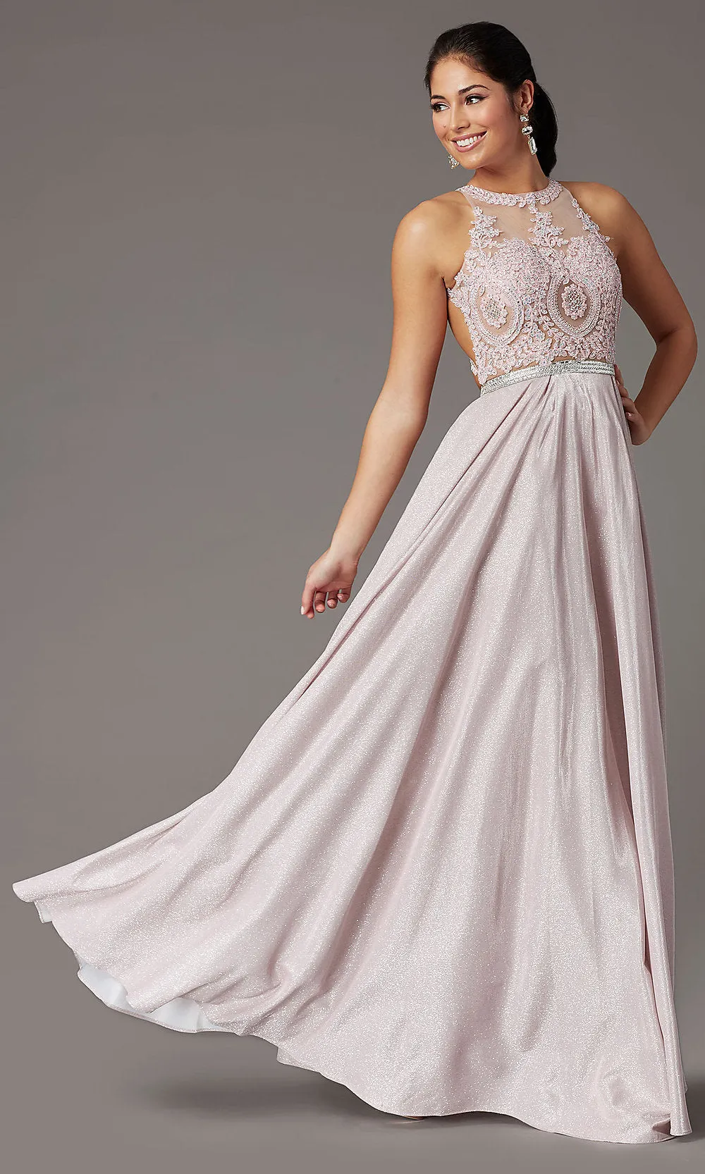 Embellished-Bodice Long Glitter-Knit Prom Dress