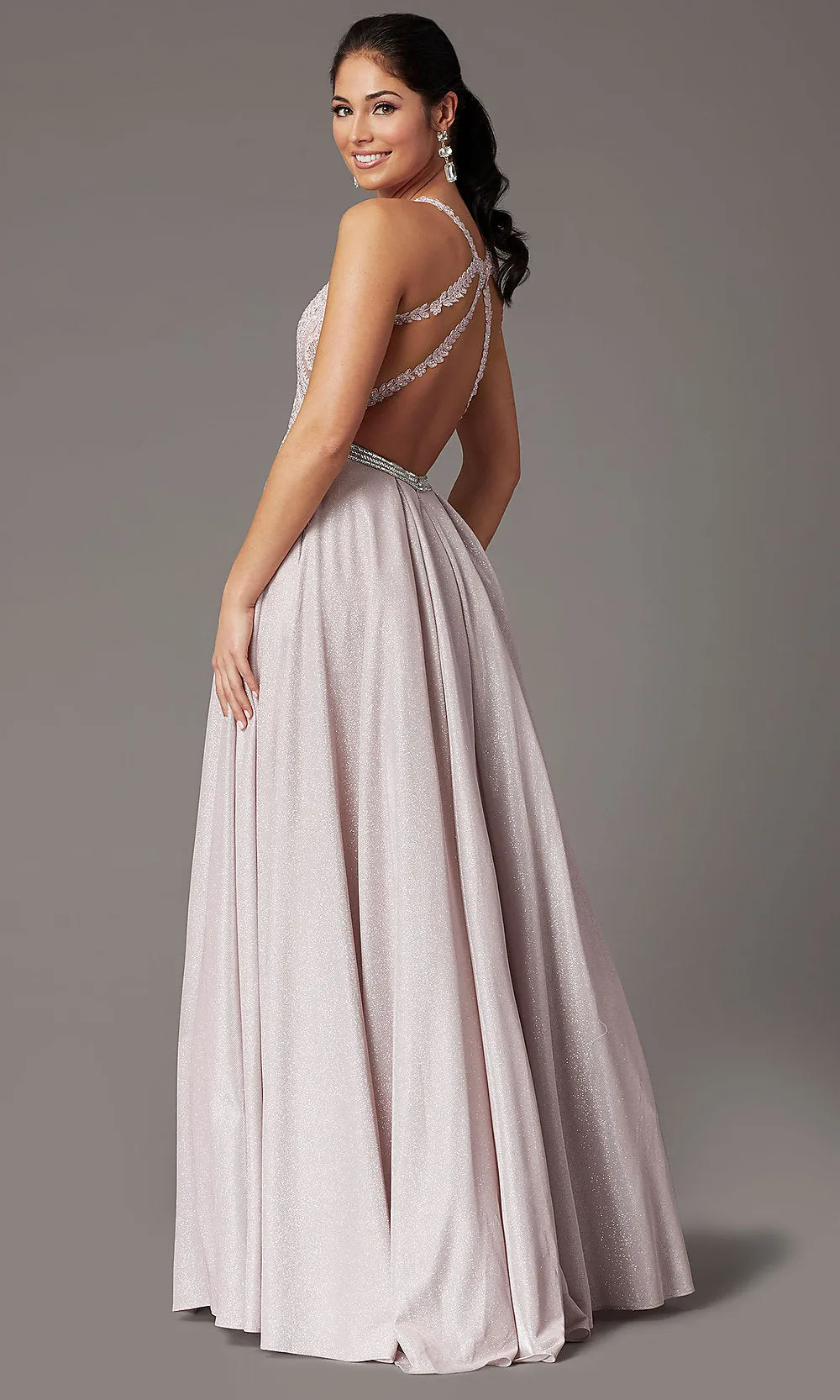 Embellished-Bodice Long Glitter-Knit Prom Dress