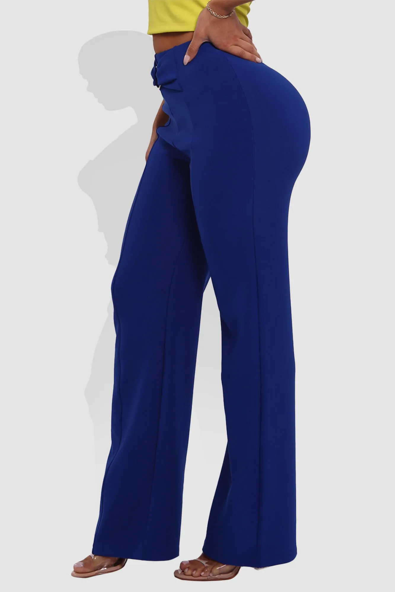 High Waist Straight Leg Pants With O-Ring Buckle Waist Detail - Surf The Web Blue