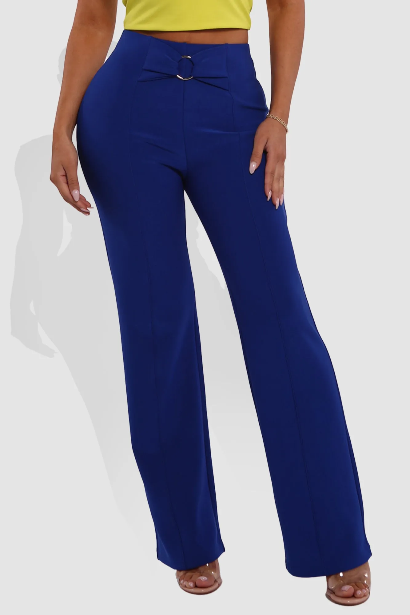 High Waist Straight Leg Pants With O-Ring Buckle Waist Detail - Surf The Web Blue