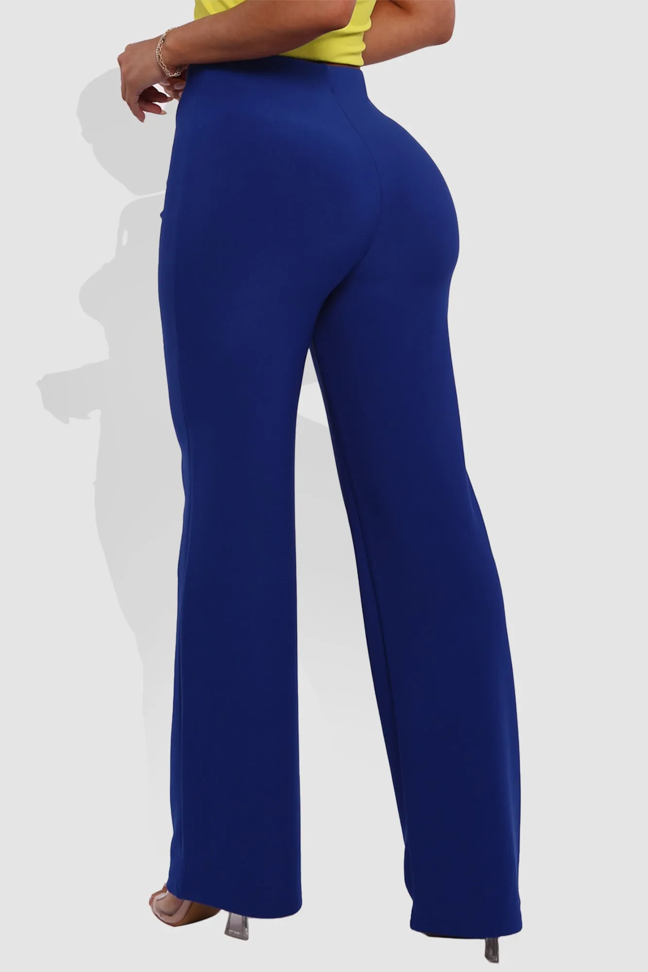 High Waist Straight Leg Pants With O-Ring Buckle Waist Detail - Surf The Web Blue