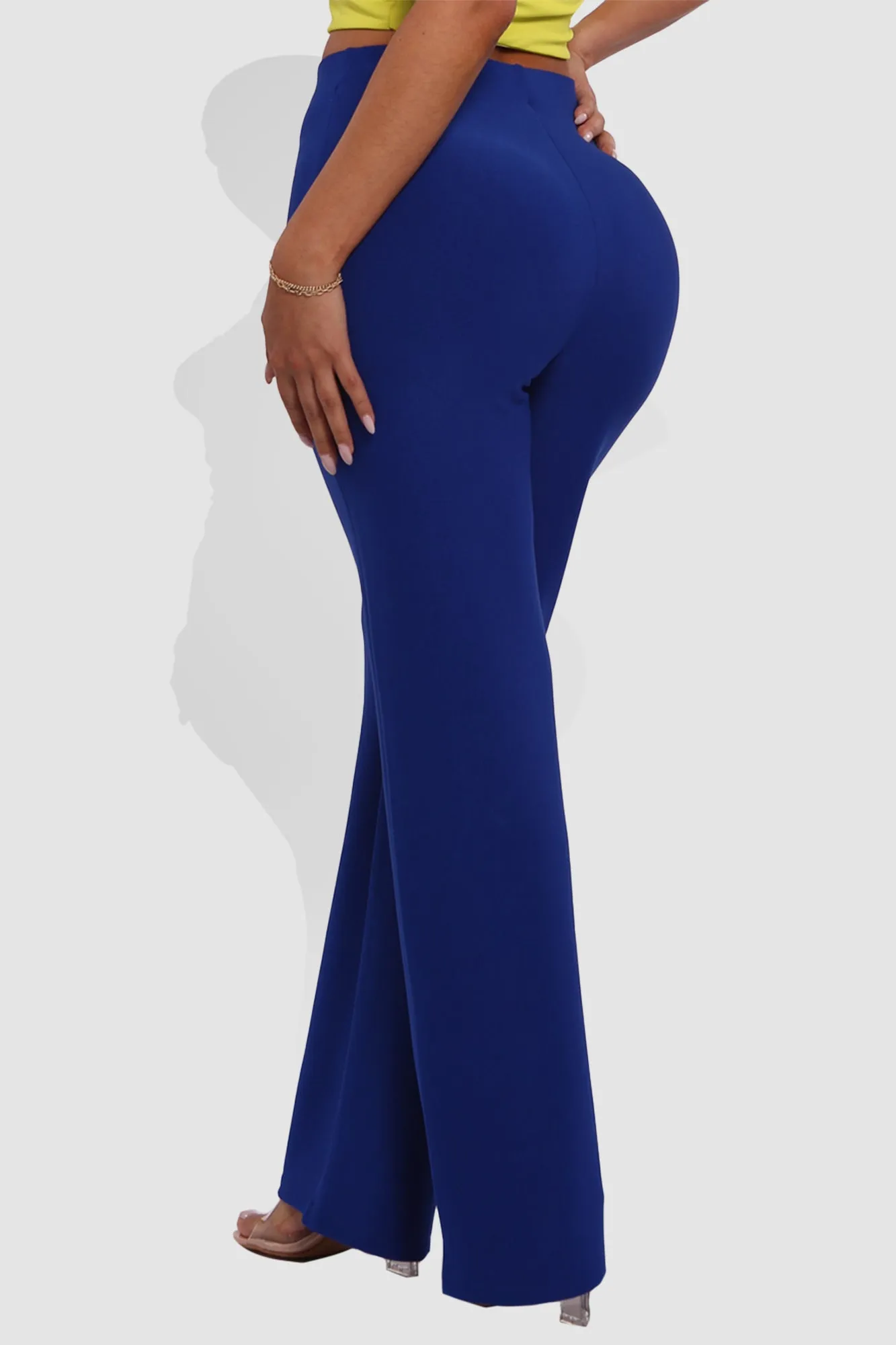 High Waist Straight Leg Pants With O-Ring Buckle Waist Detail - Surf The Web Blue