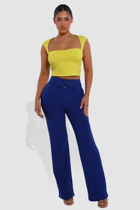 High Waist Straight Leg Pants With O-Ring Buckle Waist Detail - Surf The Web Blue