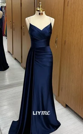 LP1967 - V-Neck Spaghetti Straps High Waist Pleated Ruched Sleek Satin Long Prom Dress