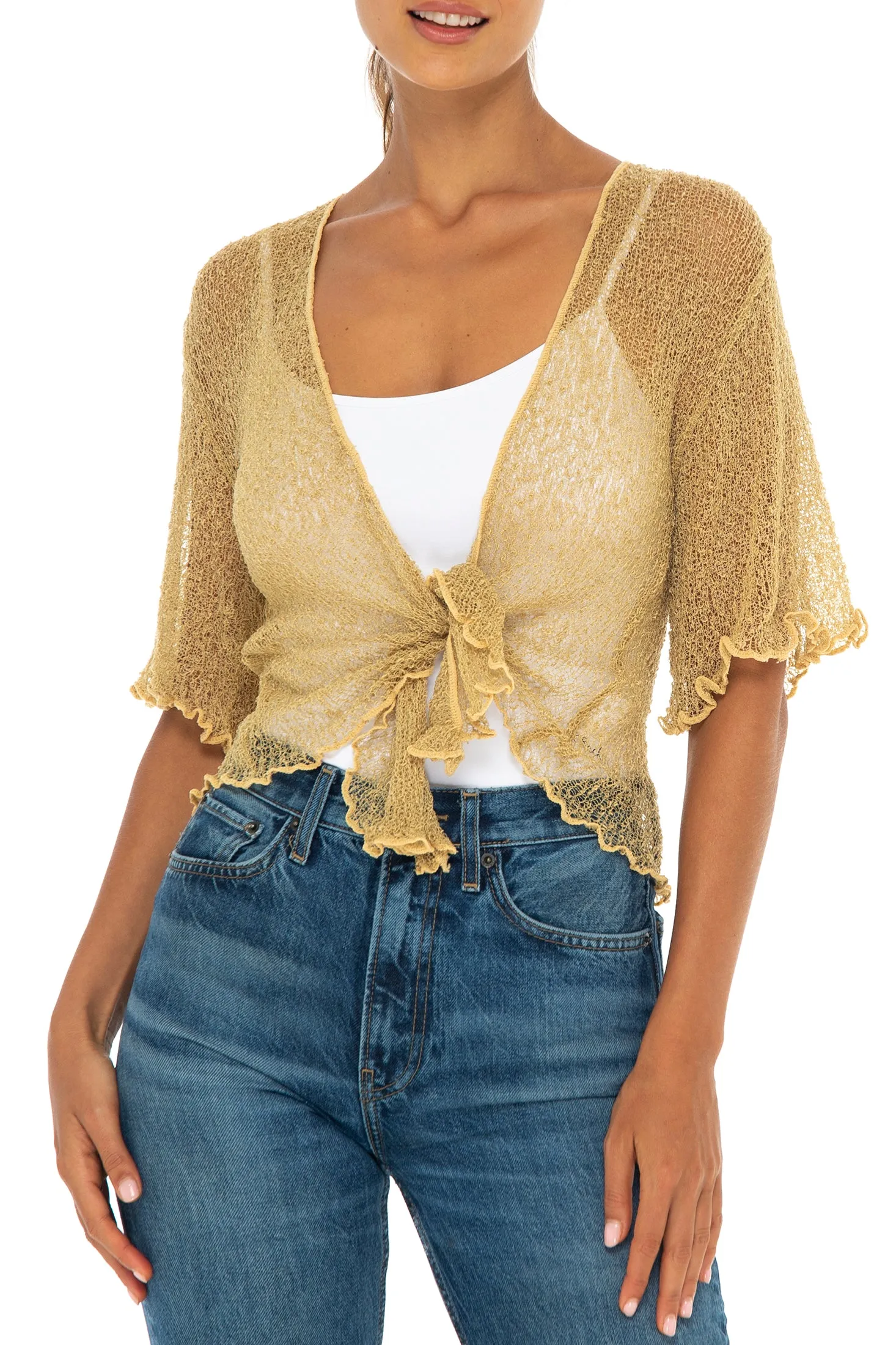 Open Front Short Sleeve Sheer Cardigan Top