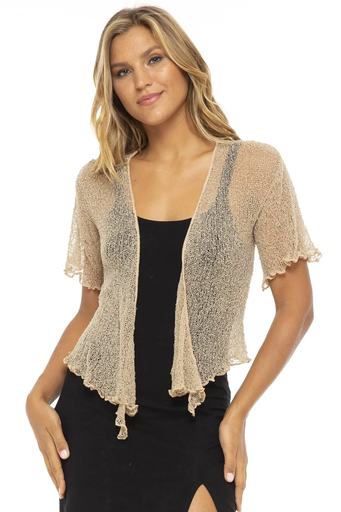 Open Front Short Sleeve Sheer Cardigan Top