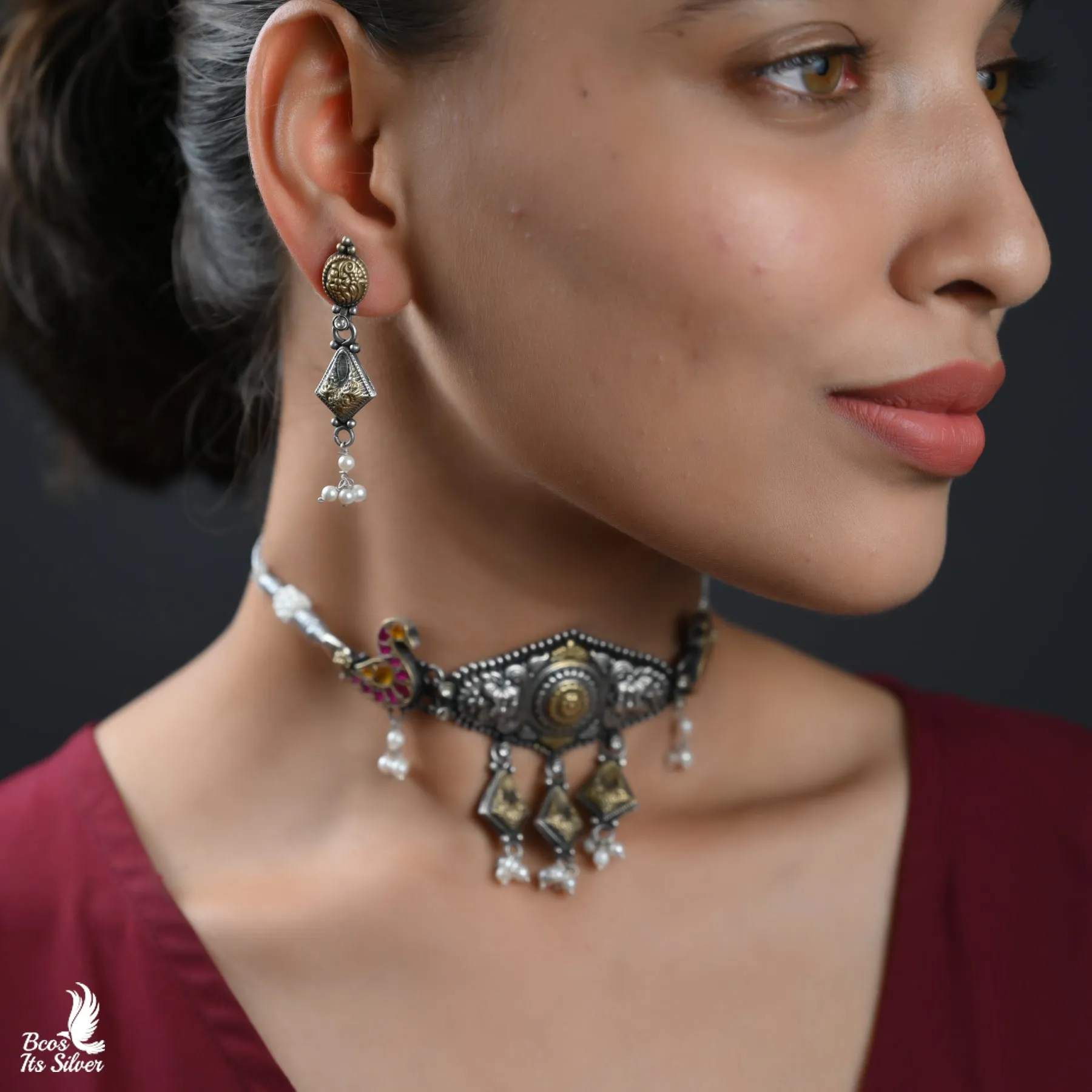 Oxidized Choker With Earring - 6081