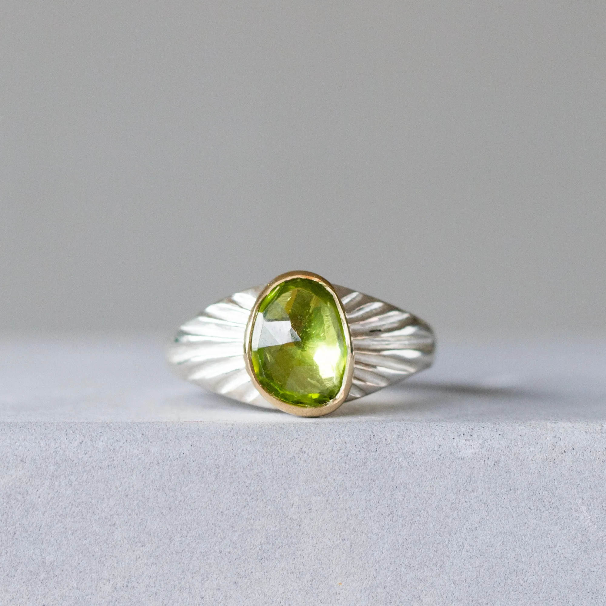 Rose Cut Peridot Silver and Gold Calista Ring #1