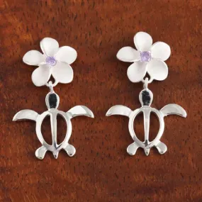 Sterling Silver 12mm Plumeria with Purple CZ and Honu (Hawaiian Turtle) Post Earrings