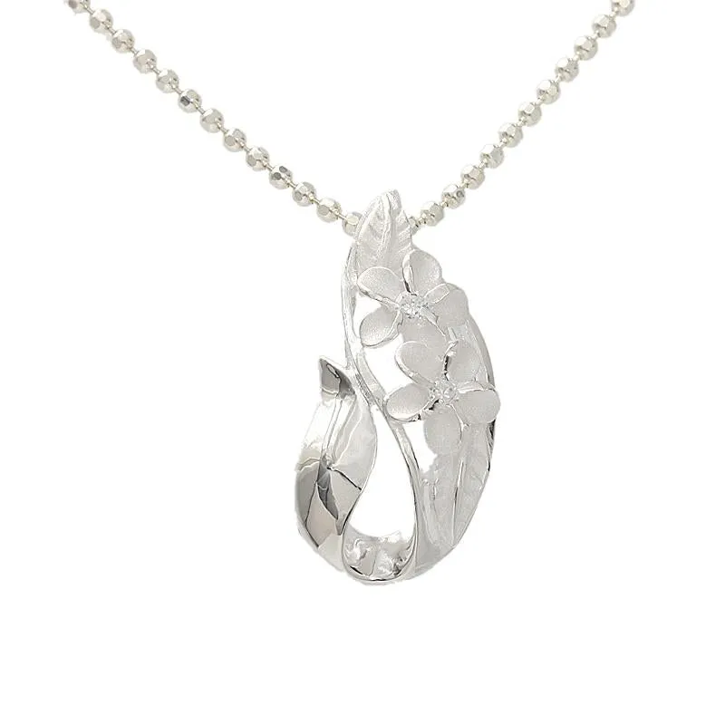 Sterling Silver 2 Plumeria with CZ Leaf Drop Pendant (Chain Sold Separately)