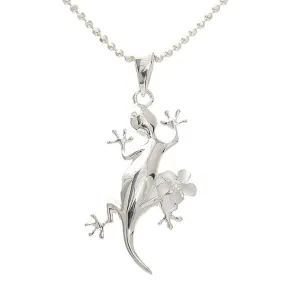 Sterling Silver Gecko and Plumeria with CZ Pendant (Chain Sold Separately)