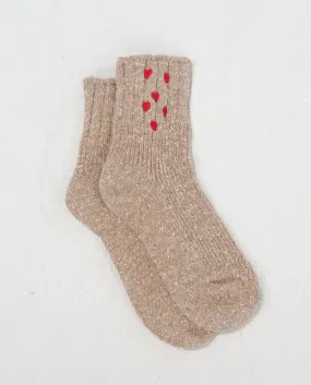 The Melange Rib Sock. -- Camel with Red Hearts