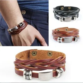 Vintage Men's (Brown) Metal Steel Studded Surfer Leather Bangle Cuff Bracelet