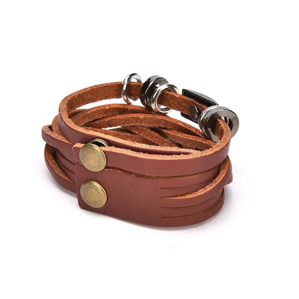 Vintage Men's (Brown) Metal Steel Studded Surfer Leather Bangle Cuff Bracelet